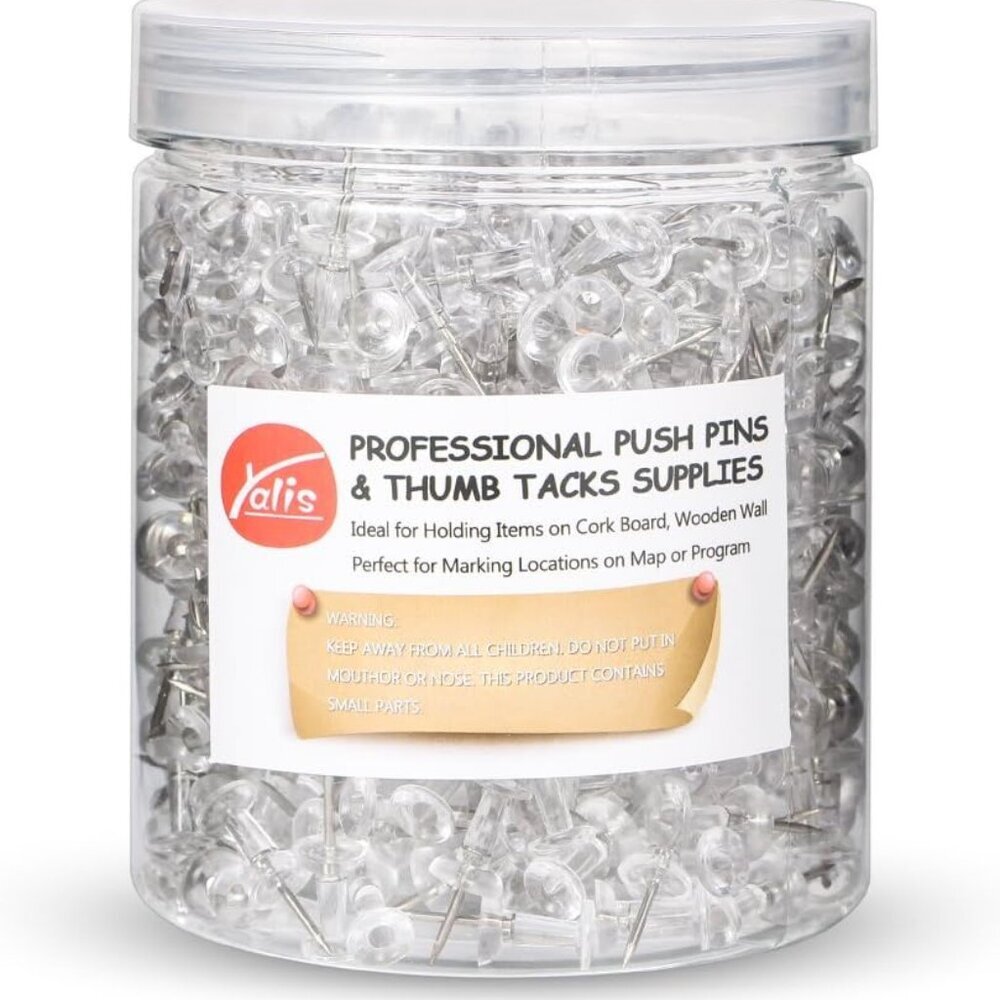 Push Pins 600 Count, Standard Clear Thumb Tacks Steel Point and Clear Plastic He